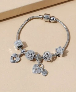 Rhinestone Flower & Hearts Charm Bracelet, Silver Bracelet, 18.5cm circumference - Picture 1 of 6