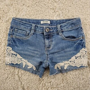 Mudd Girls Denim Crochet Lace Cut-Off Stretch Jean Shorts Size 12 26x3 Blue - Picture 1 of 7