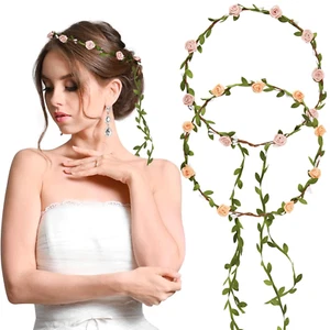 2Pcs Blumenkranz Haare Blumenkrone Damen Mädchen Boho Blumen Haarband Braut Rose - Bild 1 von 6