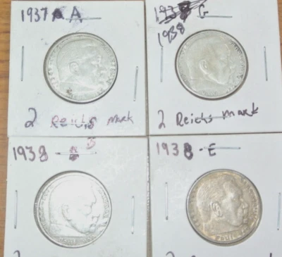 CUATRO (4) monedas de plata nazis de dos marcos Segunda Guerra Mundial Alemania Tercer Reich 2 Reichsmark Foto 1 de 4