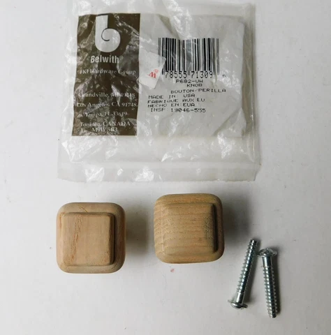2 Belwith Unfinished Modern Square Wood Knobs Drawer Cabinet Pulls 1 ¼" Lot 2 Cover