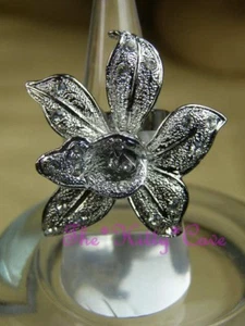 Textured Silver Calla Lily Orchid Flower Floral Bloom Ring w/ Swarovski Crystals - Picture 1 of 7