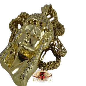 MEN'S JESUS HEAD FACE PIECE XL LARGE 14K GOLD TONE FINISH FRANCO CHAIN COMBO SET - Picture 1 of 7
