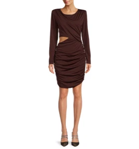 GUESS Ruched Cut-Out Long-Sleeve Mini Dress Women's 8 Brown Round Neck Lined Zip - Picture 1 of 17