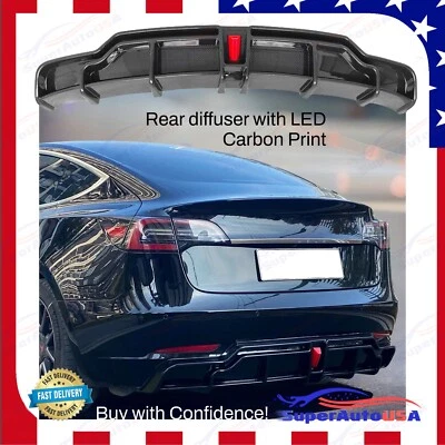 Задний диффузор светодиодный с углеродной печатью для Tesla Model 3 2017-2023 годов выпуска - Изображение 1 из 4