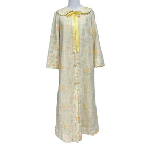 Vintage Quilted Robe House Coat Small Yellow Orange Green Floral Maxi Scalloped - Picture 1 of 11
