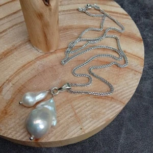 925 Sterling Silver Chain White Baroque Pearl Chain Necklace Delicate Jewelry - Picture 1 of 6