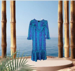 80s Nani of Hawaii Muumuu Royal Blue & Green Tea Leaf Lei Ruffles Vintage Small - Picture 1 of 23