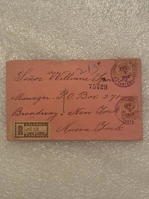 Rare 1898 Santa Marta Columbia Stamps Registered Cover Envelope New York - Image 1 of 4