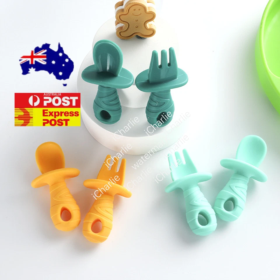 Baby Silicone Fork Spoon Set Boys Girls Gift Ribbed Handle Dishwasher Safe - image 1 of 1