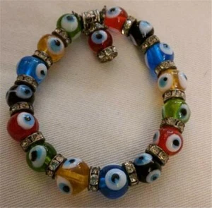 Artisan Made Fused Glass Lucky "Evil Eye" Bead Bracelet Rhinestone Roundels NICE - Bild 1 von 2