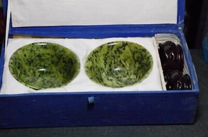Vintage Matching Pair Translucent Spinach Jade Bowls w/Stands & Box-Guangdong - Picture 1 of 9