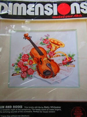 Dimensiones “Violín y Rosas” Kit Punto de Cruz Contado Tamaño: 12” X 10” #3723 Foto 1 de 2
