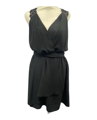 Mini Vestido Rebecca Taylor Negro Seda Imitación Envoltura Encaje Crochet Espalda Corredora Talla 8 Foto 1 de 4