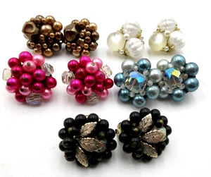 VTG ALL SIGNED JAPAN LOT BEAD Pink brown white black blue gold tone stud earring - Picture 1 of 9