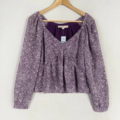 LOFT Top Blouse XS PETITE Purple White Floral Feminine Boho Chic Long Sleeve New - Image 1 of 4