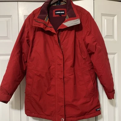 女士 Lands End Squall 防水连帽派克大衣红色抓绒衬里 XL 3592 — 第 1/4 张图片
