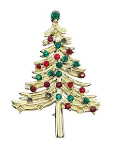 Spilla Dodds albero di Natale strass spilla vacanza vintage tono oro rosso verde - Foto 1 di 13