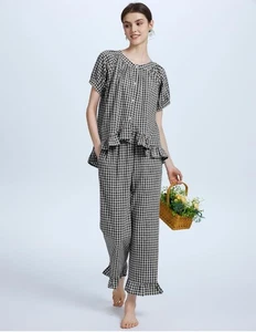 Womens Gingham Pajama Set 2 Piece Short Sleeve Babydoll Shirt and Pants Lounge - Picture 1 of 7