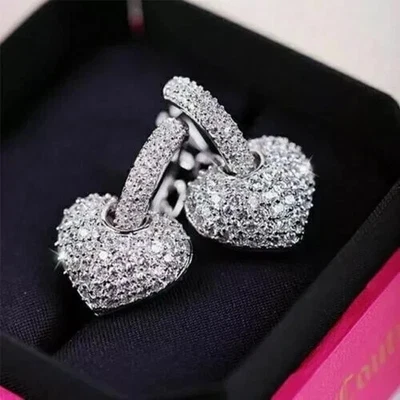 2 CT Round Cut White Moissanite Heart Drop/Dangle Earrings 14K White Gold Plated - Image 1 of 4