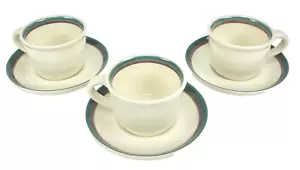 Pfaltzgraff Juniper Pattern Cups and Saucers Lot of 3 Cream Green Purple Border - Picture 1 of 12