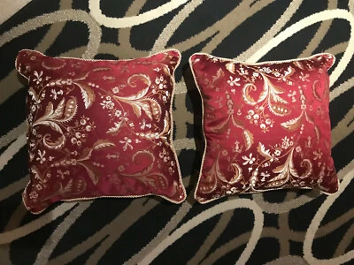 A Pair of Violet Linen LUXURY Damask/Large (18x18) Burgundy & Gold Throw Pillows - Image 1 of 4