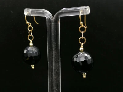 orecchini da donna a sfera pendente vera agata nera argento placcato oro - Immagine 1 di 4