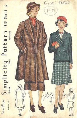 1930s Vintage Sewing Pattern B32" SUIT - SWAGGER COAT JACKET & SKIRT (1739)  - Image 1 of 2