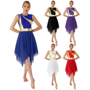 Woman Praise Dance Worship Dress Color Block Irregular Church Lyrical Dancewear - Picture 1 of 67