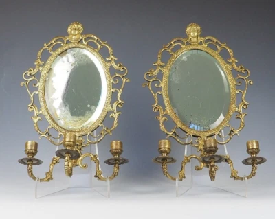 Bronze Girandole Candle Sconce Mirrors Pair - Image 1 of 4