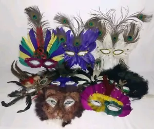 9 Vintage Feathered Face Masks Paper & Plastic Backs -New Old Stock - Picture 1 of 11