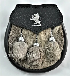 KILT SEMI-DRESS SPORRAN RAMPANT LION CREST GREY RABBIT & LEATHER SCOTTISH KILTS - Picture 1 of 3