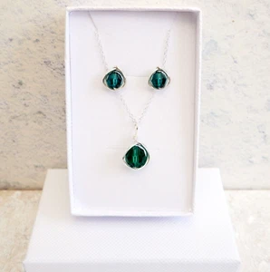 Emerald Crystal Necklace Set Sterling Silver May Birthstone Handmade Gift Box - Picture 1 of 9