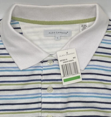 Camisa polo masculina nova com etiquetas Alex Cannon Rowayton SS L listra azul branca verão explodir - Imagem 1 de 4