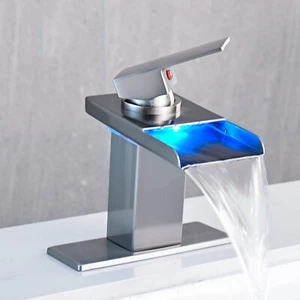 Brushed Nickel LED Bathroom Sink Faucet Single Handle Waterfall Vanity Mixer Tap - Picture 1 of 9