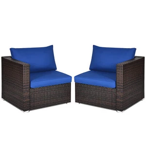 2PCS Rattan Corner Sofa Set Patio Outdoor Furniture Set w/ 4 Navy Cushions - Picture 1 of 9