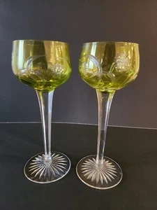2 Vtg VAL ST LAMBERT Cut To Clear Crystal Wine Hocks / Glasses 7 3/4" Citrine - Picture 1 of 11