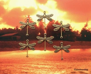 #2001 SM ANTIQUED GOLD BRASS DRAGONFLY CONNECTOR W/2 RINGS - 6 Pcs - Picture 1 of 3