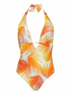 Figleaves Manila Palm Non-Wired Halter Neck Plunge Swimsuit Yellow Orange A4 - Imagen 1 de 3