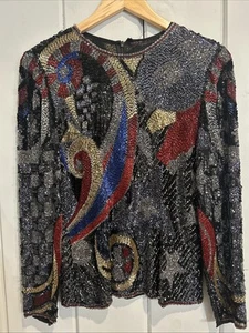 Vintage schwer Perlen Pailletten Seide Party Schimmer Silvester tailliert Top Gr XS/SM - Bild 1 von 16