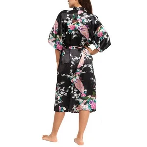 Soft silk Kimono Robe Dressing Gown Bathrobe Sleepwear with 3/4 Sleeve - Picture 1 of 12