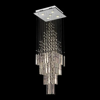Square Chandelier Staircase Loft Crystal LED Pendant Light Columnar Hanging Lamp - Image 1 of 4