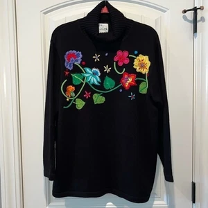 Black turtleneck sweater bright colorful floral embroidery embellishments 1X - Picture 1 of 12