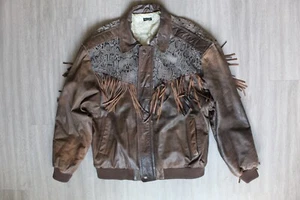 Vintage Fransen Southwestern Fransen Leder? Jacke Made In Korea Map gefüttert L - Bild 1 von 11