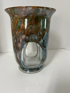 Handblown Unique Multi/colored Art Deco Vase Candleholder 3 Clear Oval Windows - Picture 1 of 5