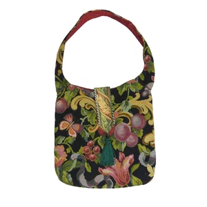 1990s Vintage Floral Embroidered Satchel Hobo Handbag with Tassel - Picture 1 of 8
