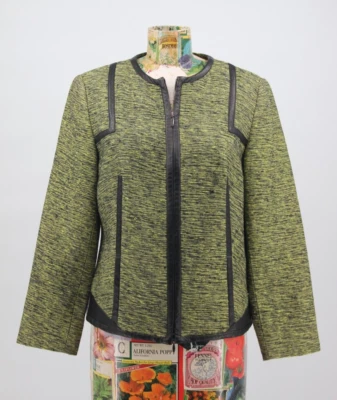 DONCASTER 女式丝绸混纺绿色黑色粗花呢皮革装饰拉链西装外套 6 #785 — 第 1/4 张图片