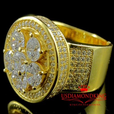 Men Flower Cluster Pave Set 3D Simulated Diamond Gold Finish Ring Stretchable - Image 1 of 4