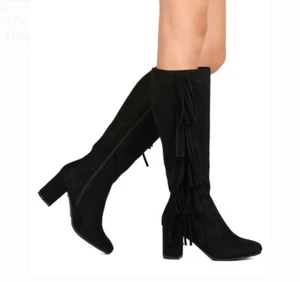 US Seller!!! New Sexy Suede Side Fringe Black Boots - Picture 1 of 6