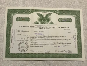 Founders Life Assurance Company Florida Stock Certificate August 15 1963 - Picture 1 of 4